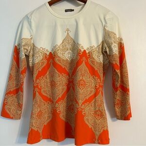 J. McLaughlin Orange & Cream Catalina 3/4 Length Sleeves Stretch Top Size Small